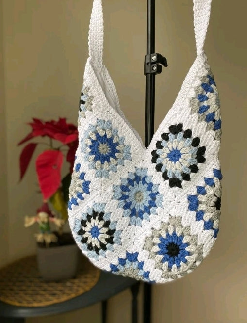 Large Check Crochet Tote Bag