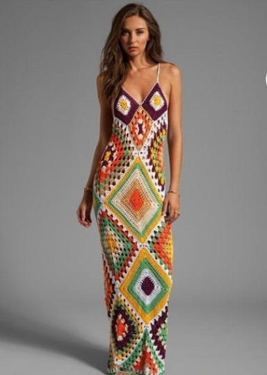 Granny Multicolour Diamond Handmade Crochet Midi/Maxi Dress