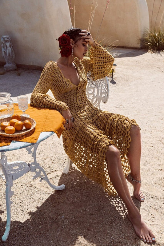 Gypsy Boho Dress - Sexy flowing Crochet - Long bell sleeves - lace crochet dress - Handmade crochet maxi  dress - Hippie mini dress