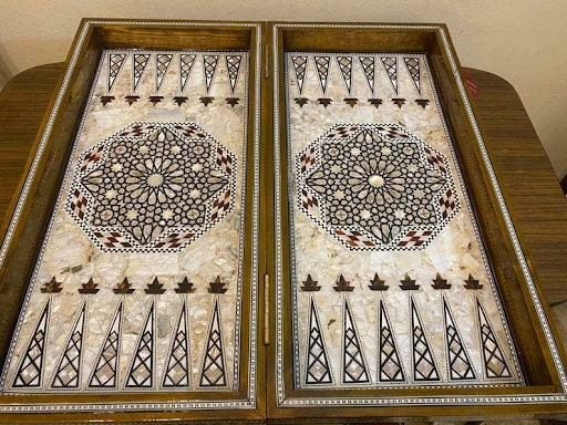 Egyptian Mother of Pearl Backgammon, Handmade Backgammon, chessboard on the outside, Inlaid Mother of Pearl, Gift for him