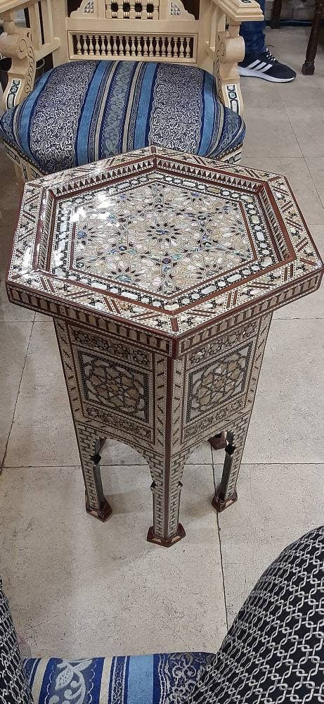 Handmade Hexagonal Side Table Inlaid Mother of Pearls