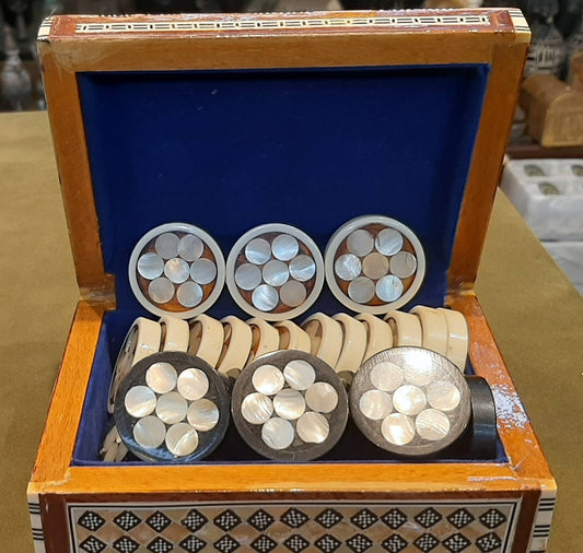 Backgammon Mother of Pearl Pieces in a Mother of Pearl Jewellery Box