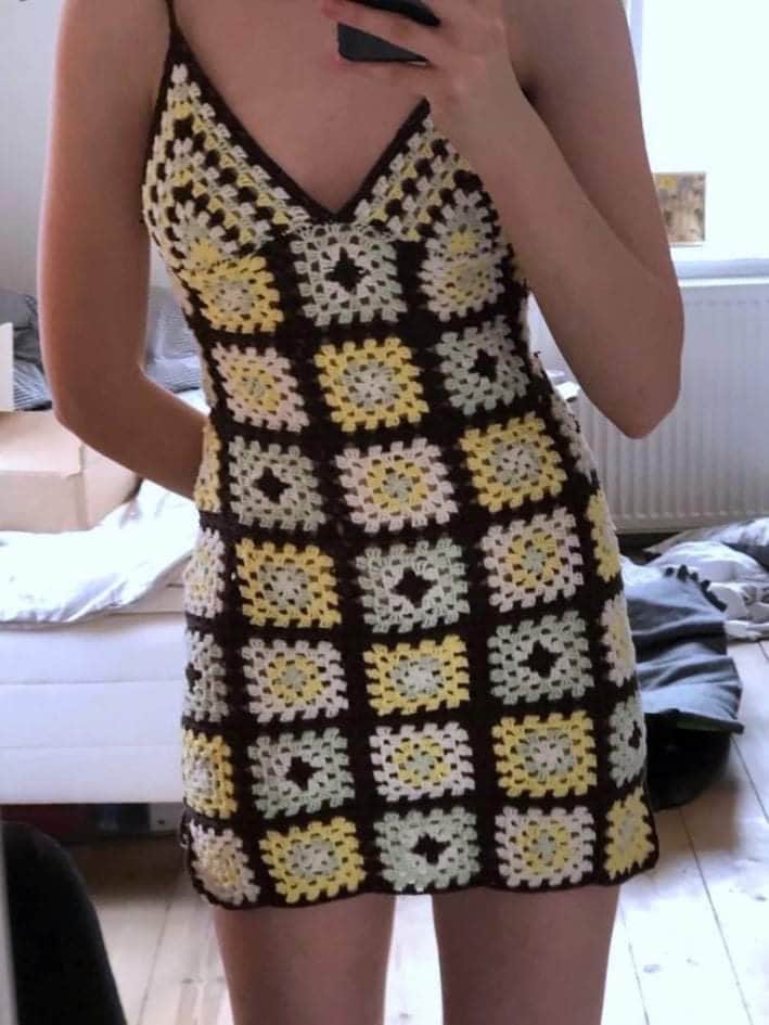 Granny Square Halter Crochet Mini Dress