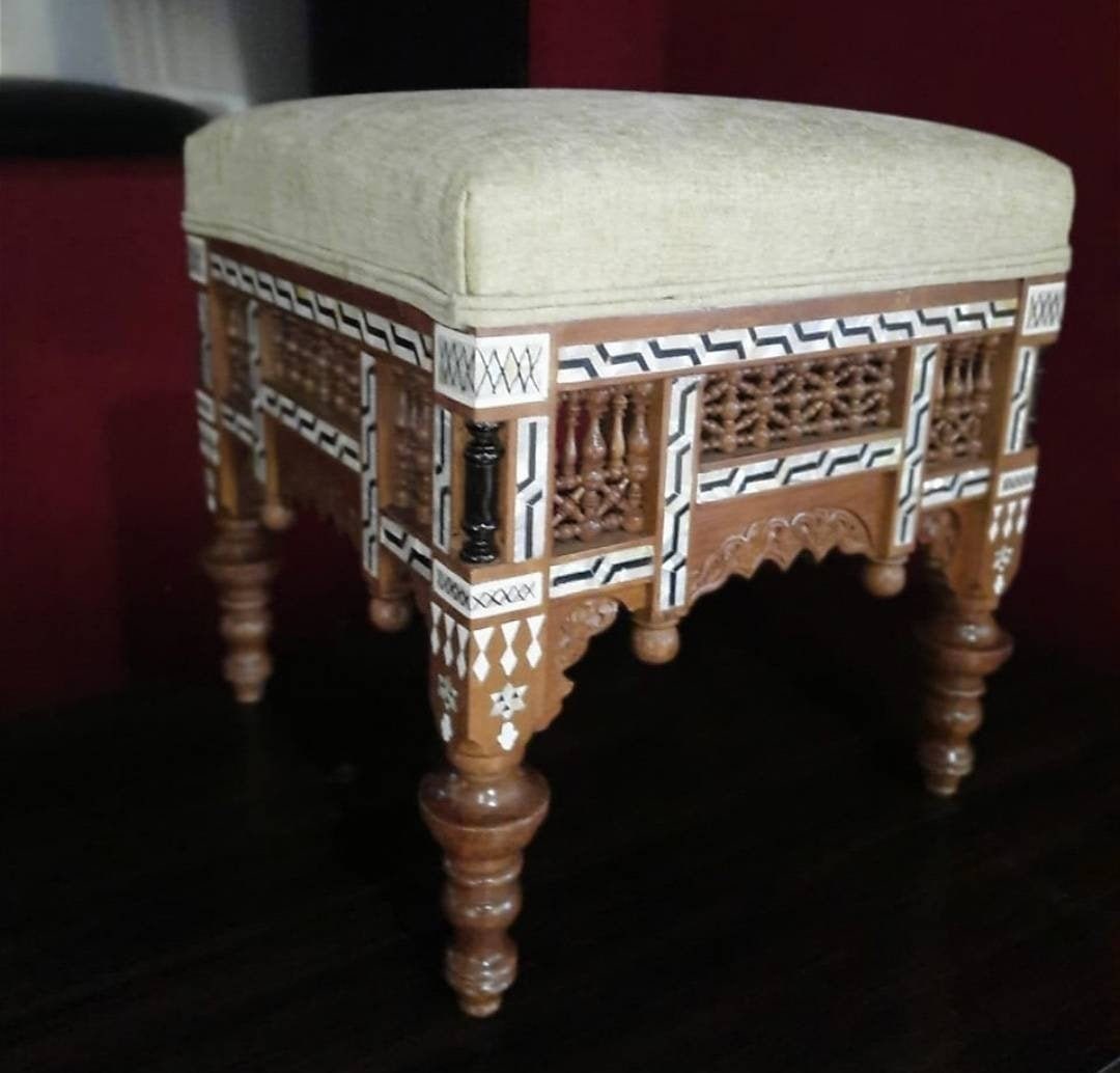 Carved Arabesque Pouf Chair Ornamented with Mother of Pearl Inlay