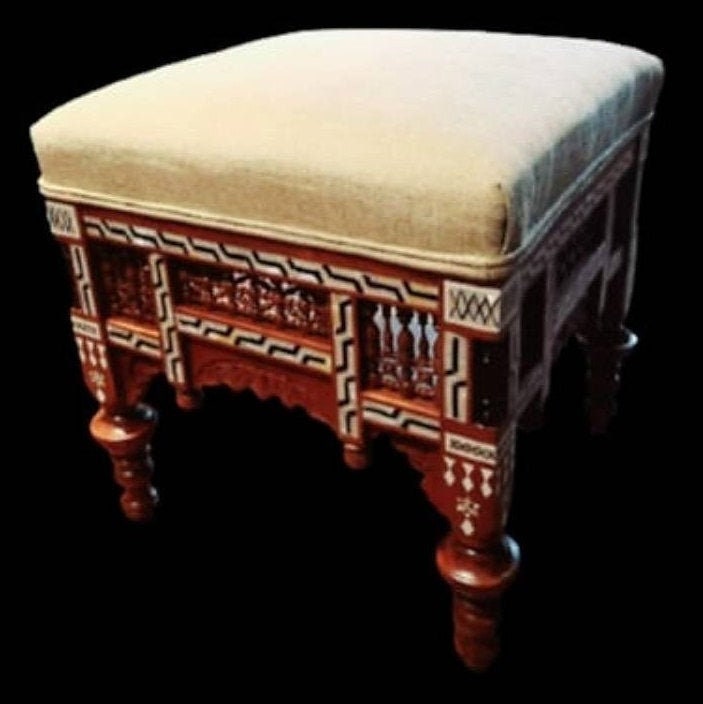 Carved Arabesque Pouf Chair Ornamented with Mother of Pearl Inlay
