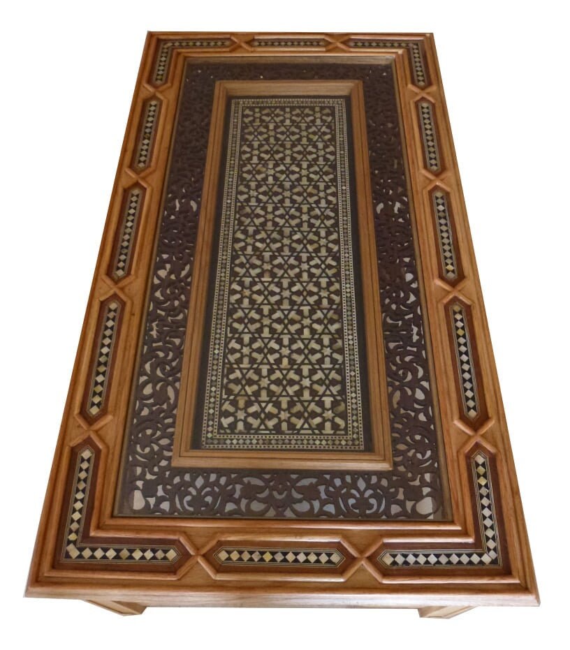 Wooden Arquette Carved Rectangular , Mother of pearl Coffee Table, Levantine Arabic furniture