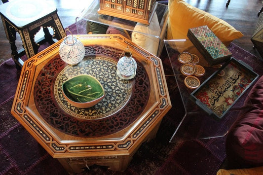 Wooden Arquette Carved Low Centre Table, levantine arabic furniture ,Octagonal shape