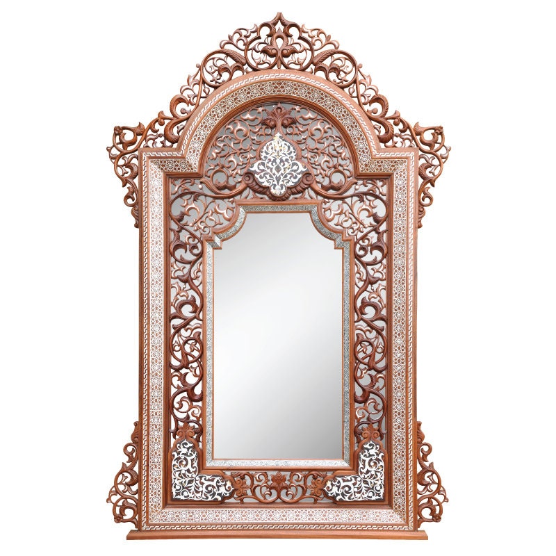 Ottoman Empire Walnut Wooden Mirror Frame with Copper and Mother of Pearl Inlay