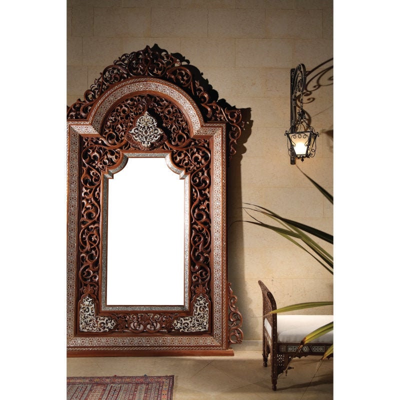 Ottoman Empire Walnut Wooden Mirror Frame with Copper and Mother of Pearl Inlay
