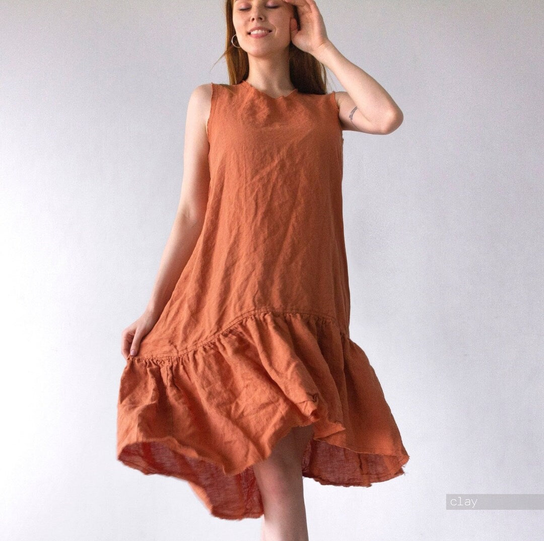 Sleeveless Cotton Linen Midi Flare Dress