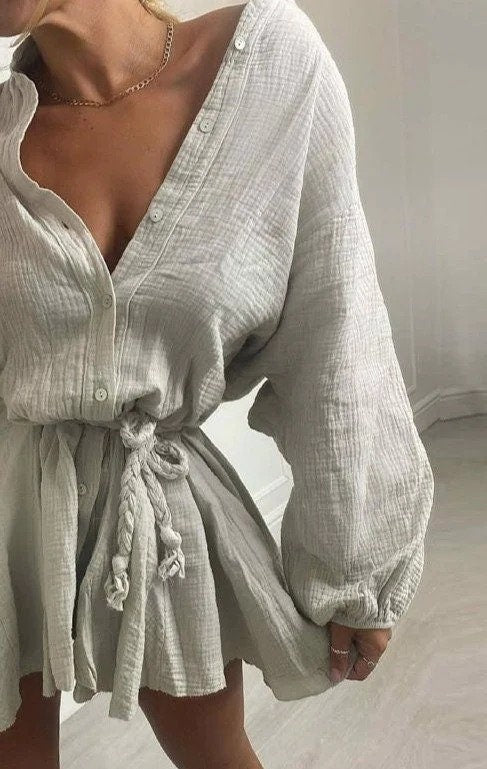 Long Sleeves Cotton Linen Mini Shirt Dress