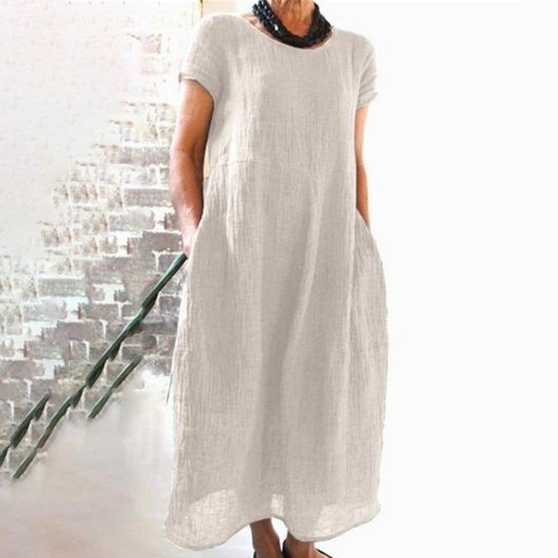Cotton Linen Short Sleeve Maxi Dress