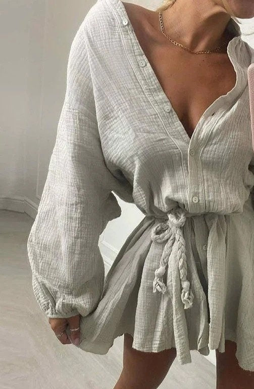 Long Sleeves Cotton Linen Mini Shirt Dress