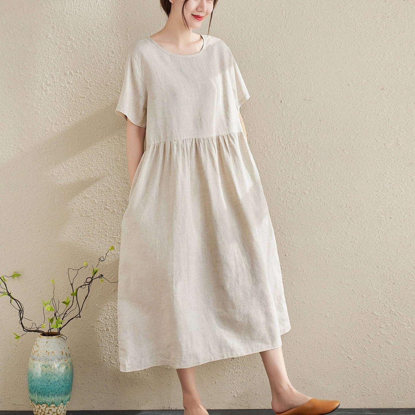 Cotton Linen Short Sleeve Midi Dress