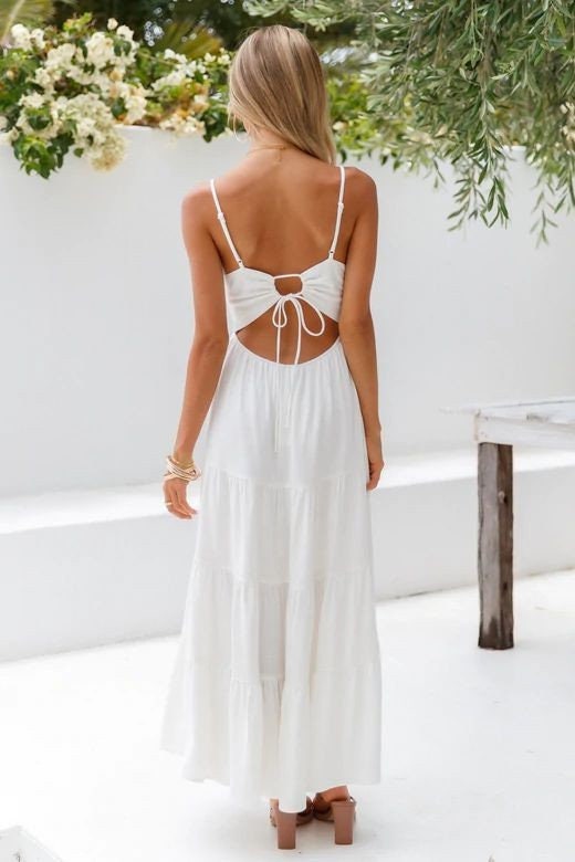 Open-back Cotton Linen Loose strap maxi dress